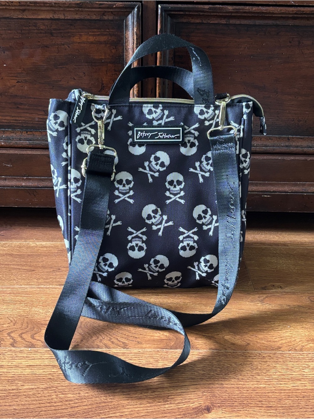 Betsey Johnson Black and White Skull Messenger Bag